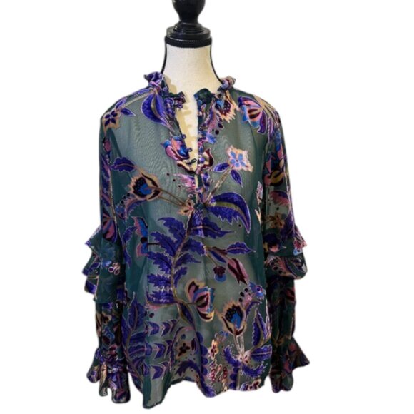 PATBO Colorful Floral Burnout Velvet Sheer Long Sleeve Ruffle Blouse Size Large - Picture 2 of 7